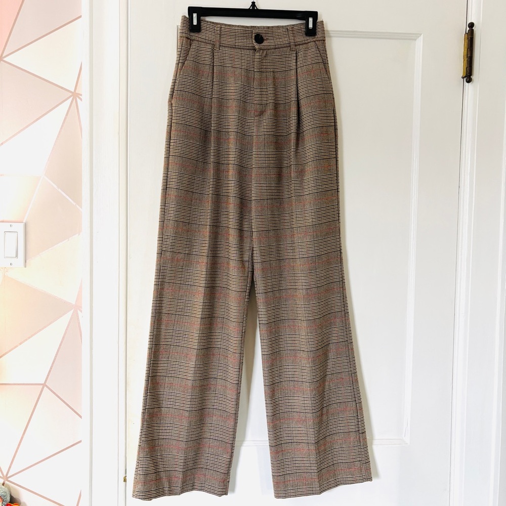 Zara Plaid Wide Leg Trousers Pleated Pants Brown Pink High Waisted Size XS